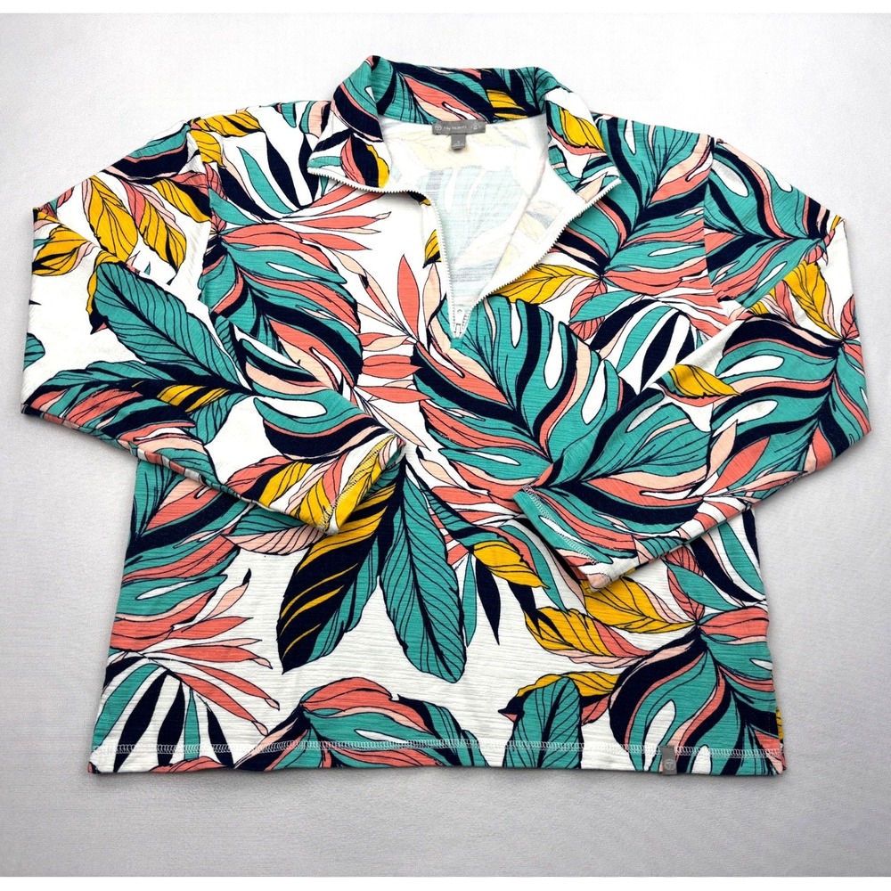 T by Talbots Tropical Palm Quarter Zip Pullover Sweatshirt Women Size S UPF 50
